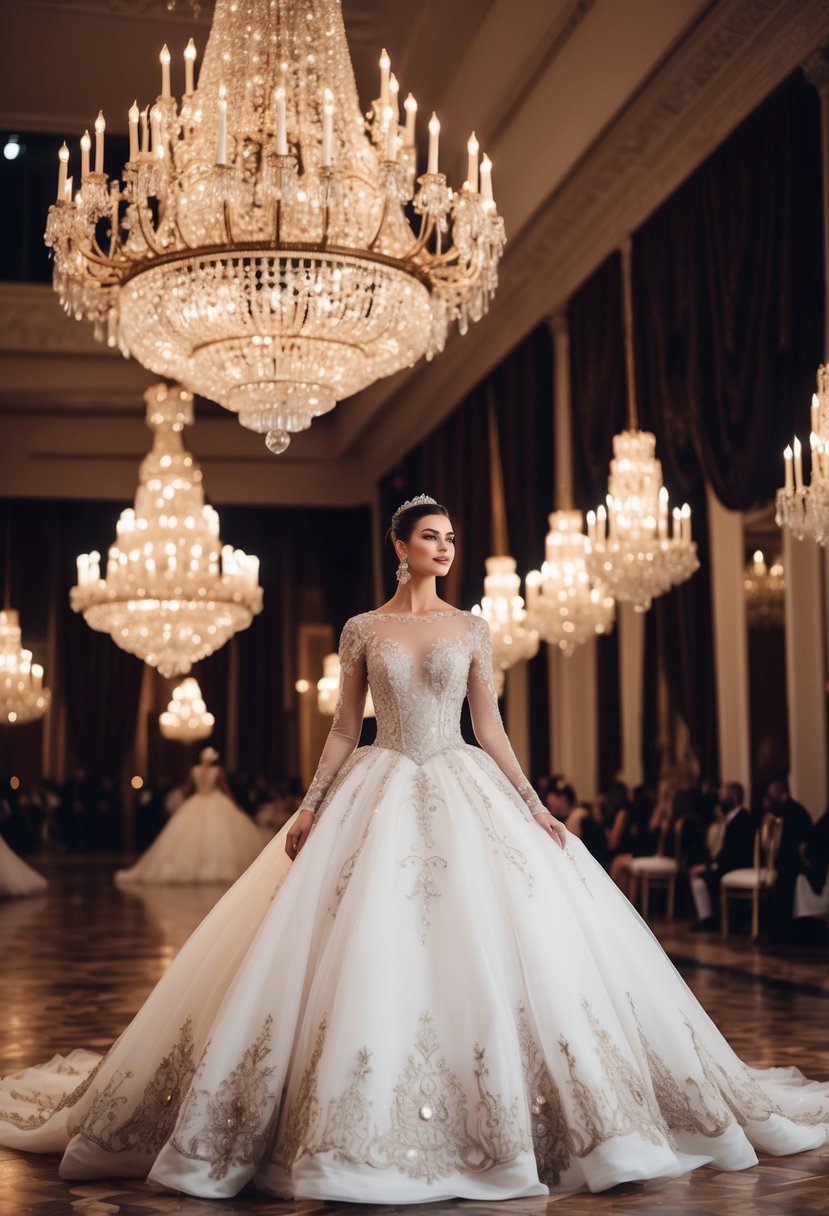 A grand ballroom with a sparkling chandelier illuminating a statement ball gown with intricate embroidery and illusion details, creating a regal and romantic atmosphere