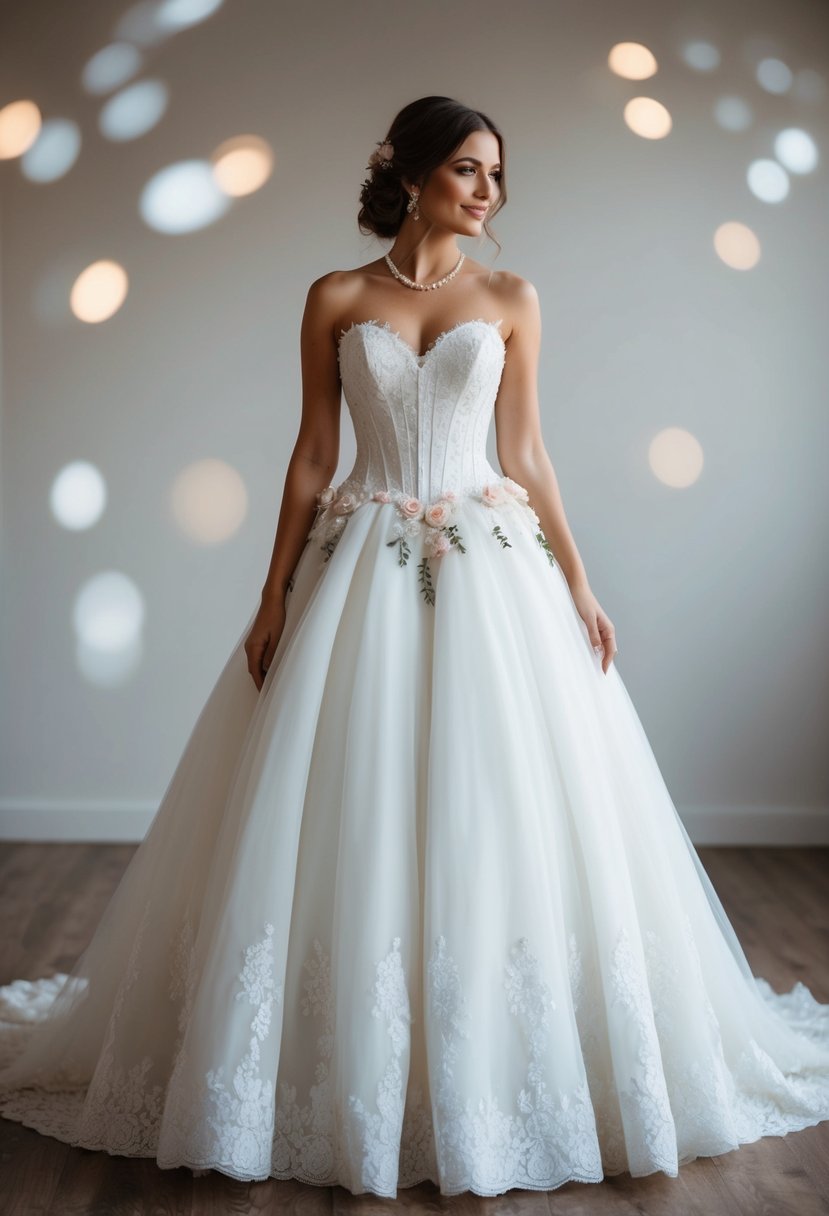 A bride in a flowing, lace-trimmed white wedding dress with a full skirt and a corset-style bodice, adorned with delicate floral embroidery and pearl accents