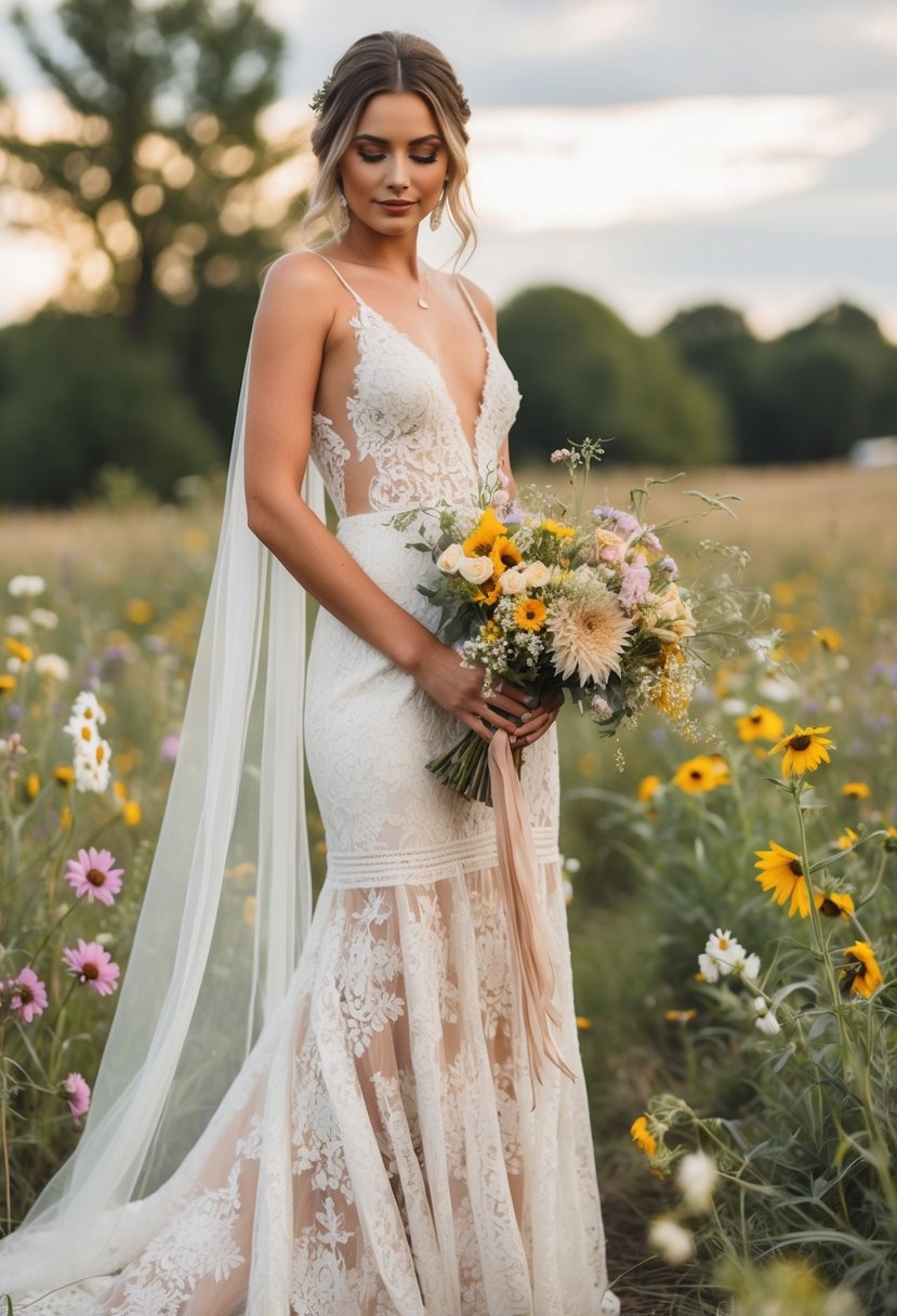 A rustic outdoor wedding with lace gowns, wildflowers, and a bohemian vibe