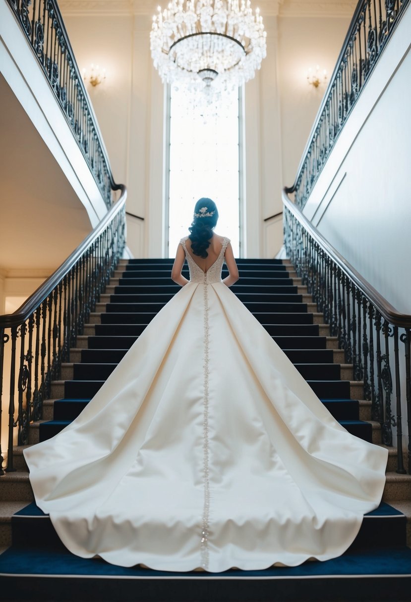 An A-line gown with a dramatic cathedral train flowing elegantly down a grand staircase