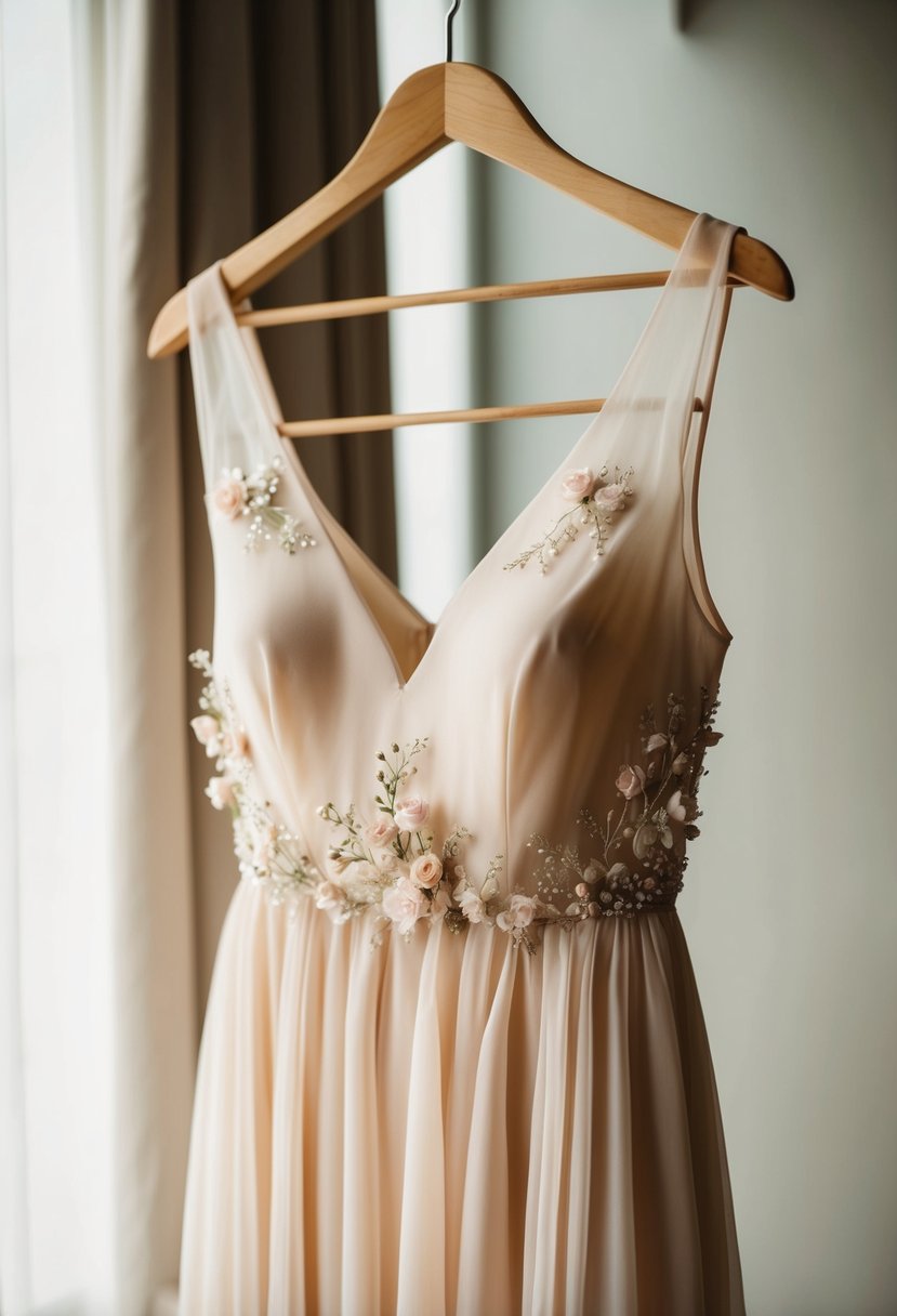 A delicate chiffon dress adorned with subtle floral embellishments hangs on a hanger, with soft lighting highlighting its elegant details