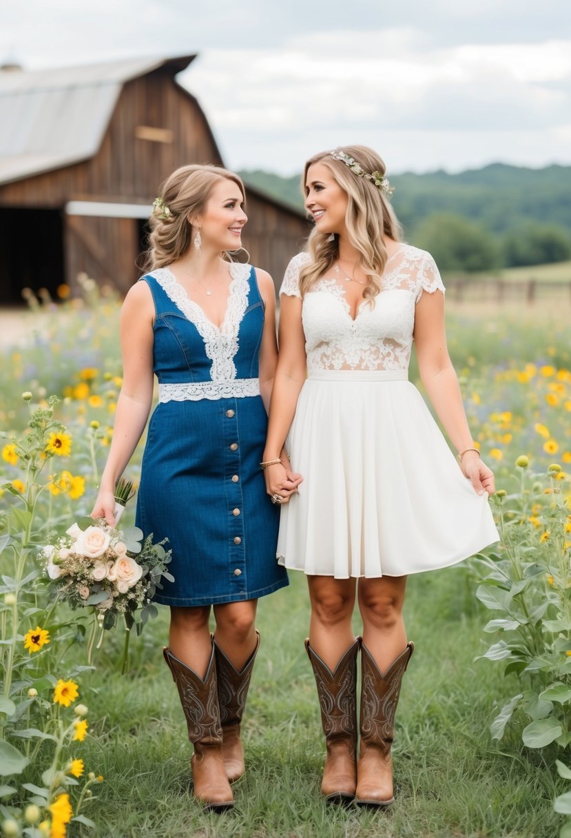 A rustic barn wedding with denim and lace combo dresses, surrounded by wildflowers and cowboy boots