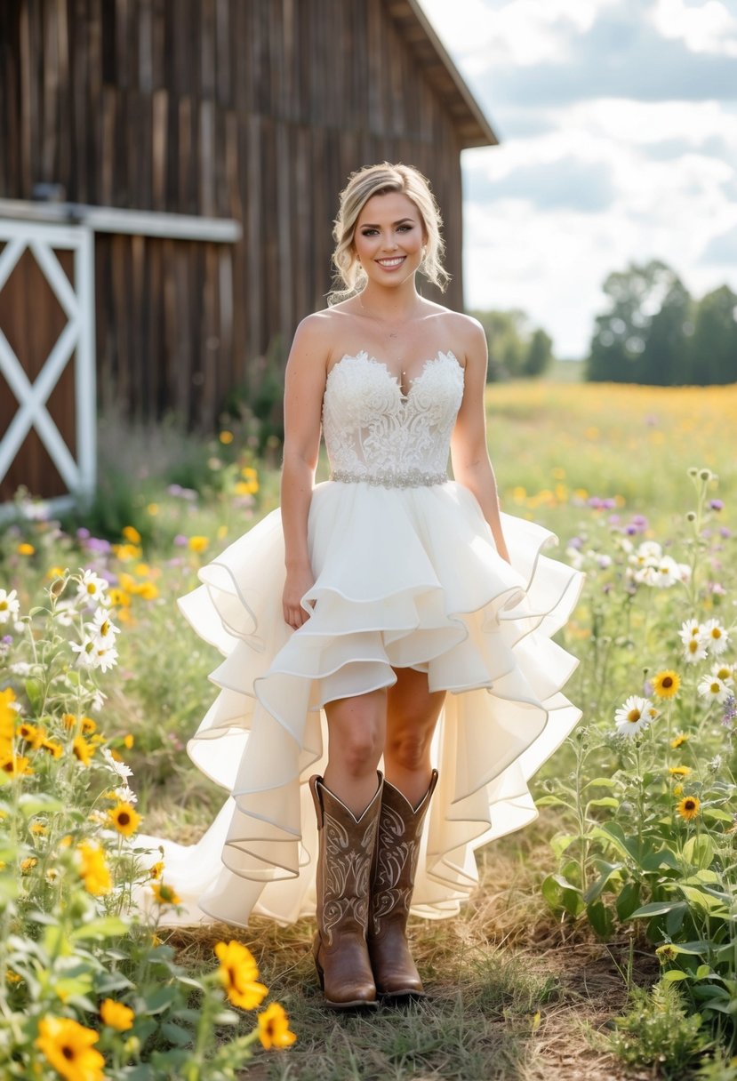 A bride in a ruffled skirt and cowboy boots, surrounded by wildflowers and a rustic barn