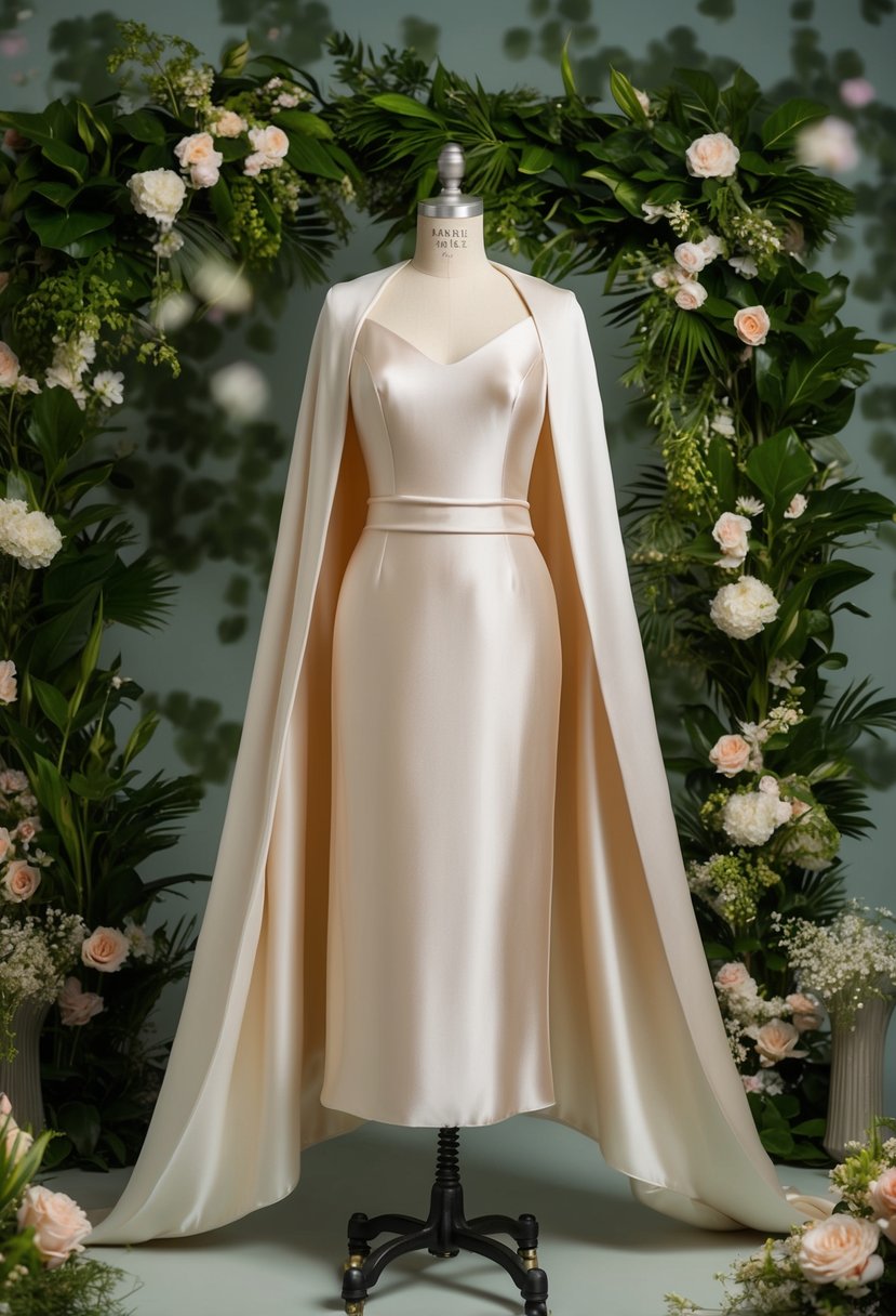 A silk midi dress with a flowing cape, set against a backdrop of lush greenery and blooming flowers, creating a dreamy and romantic atmosphere