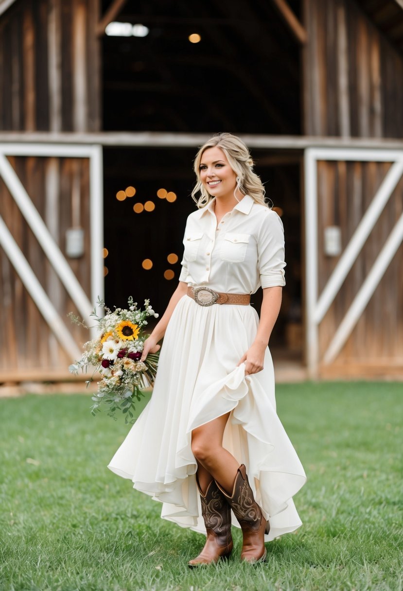 A rustic barn setting with a bride wearing a pearl snap shirt paired with a flowing skirt, cowboy boots, and a wildflower bouquet