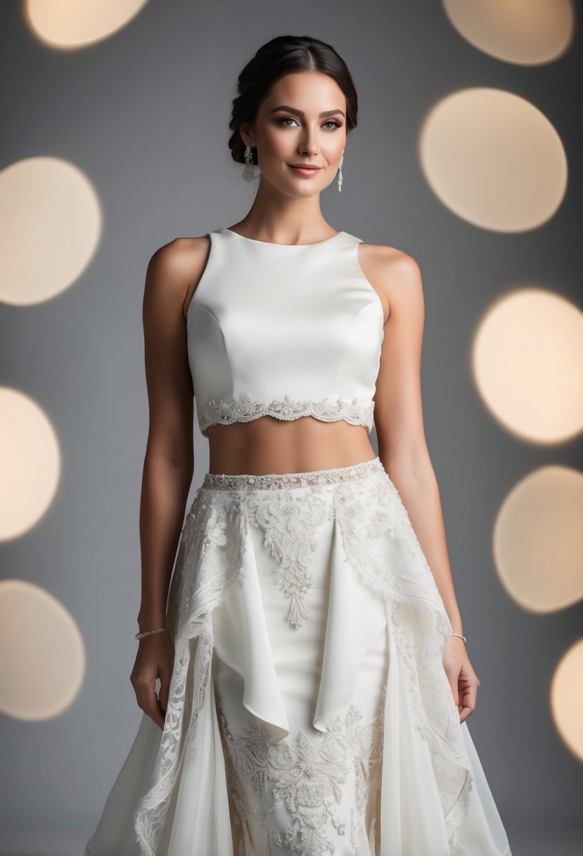 A bride in a two-piece wedding ensemble with a sleek crop top and a flowing, layered skirt, adorned with intricate lace and delicate beading