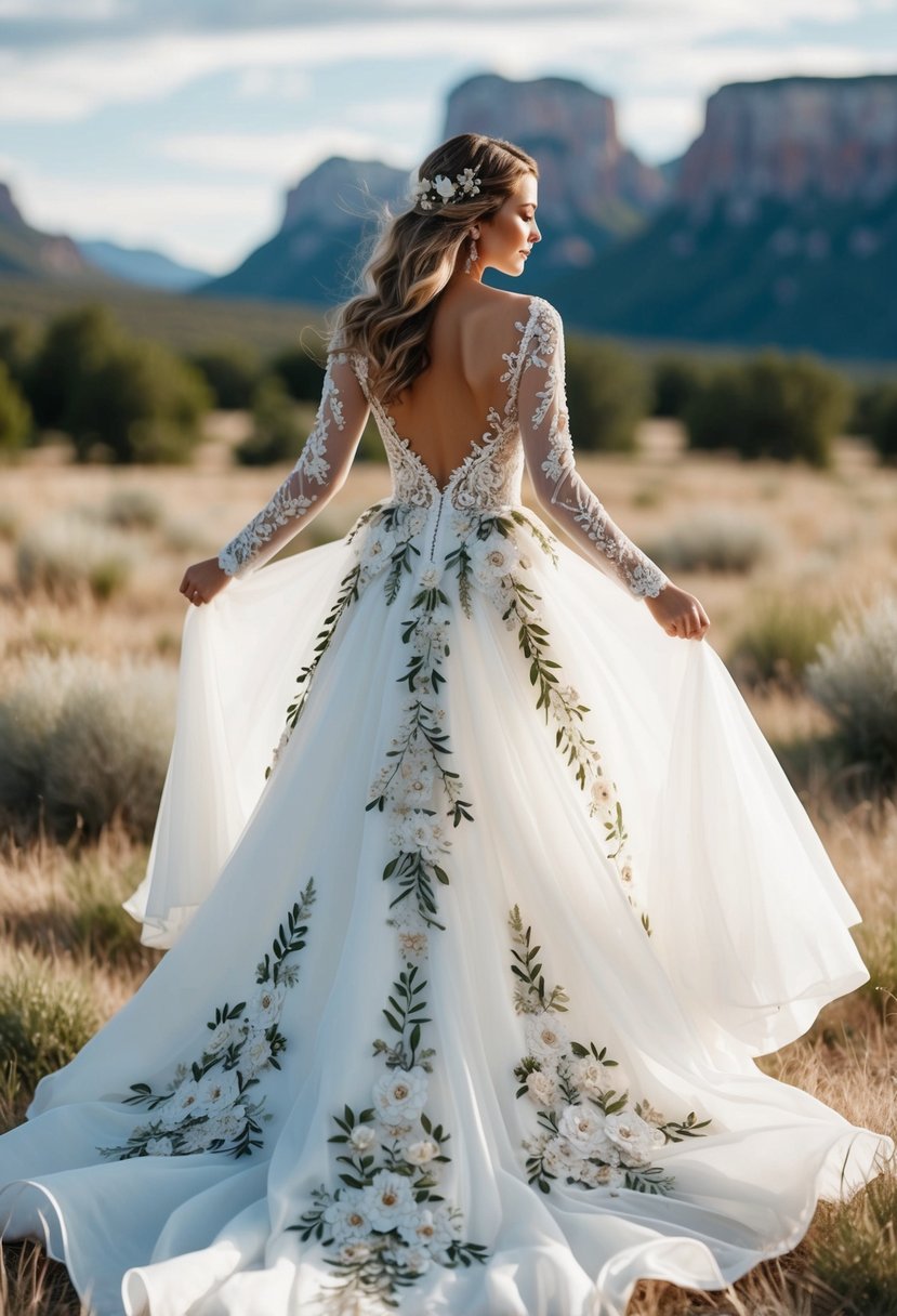 A flowing white wedding dress adorned with intricate floral embroidery, inspired by the natural beauty of the western landscape