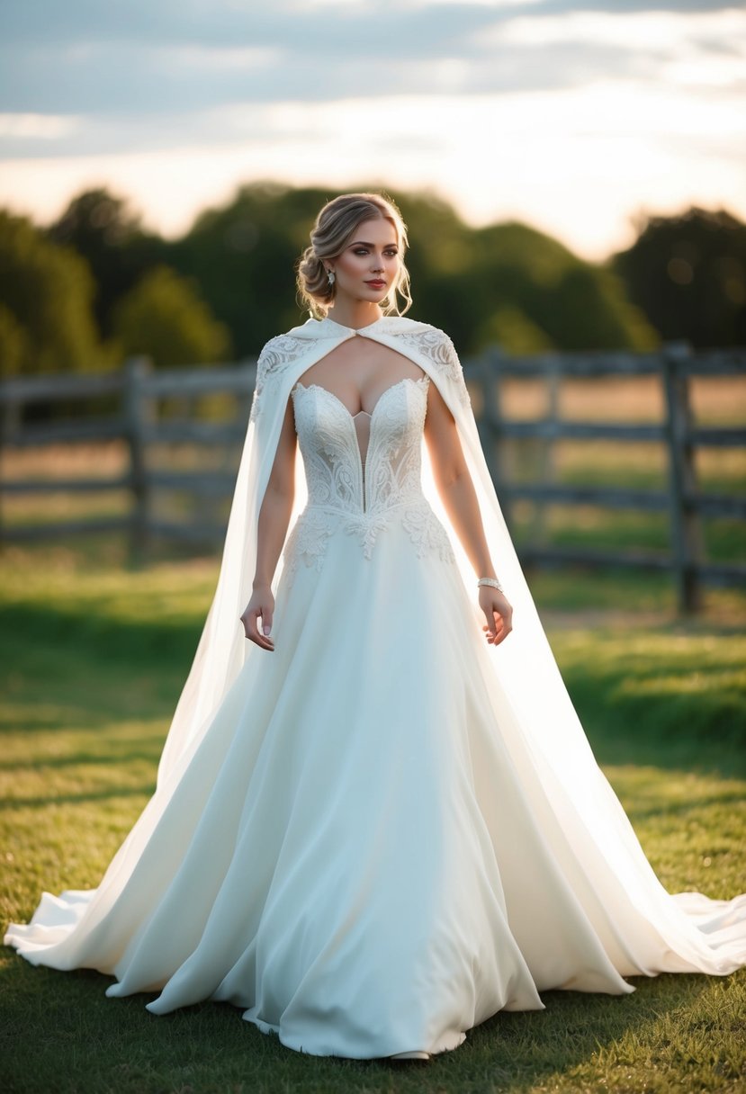 A bride wearing a flowing white wedding dress with a Western flair, complete with a cape and intricate detailing