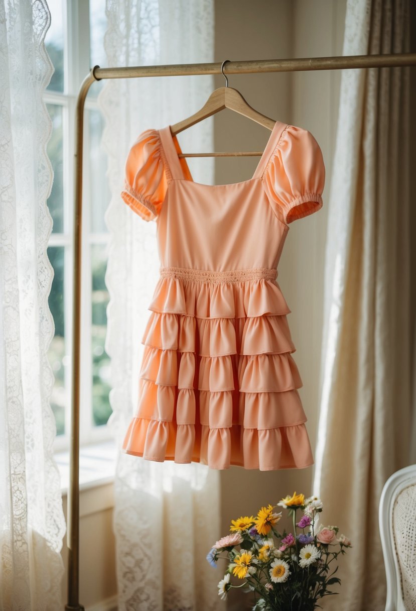 A peach ruffled mini dress hanging on a vintage coat rack in a sunlit room with lace curtains and a vase of wildflowers