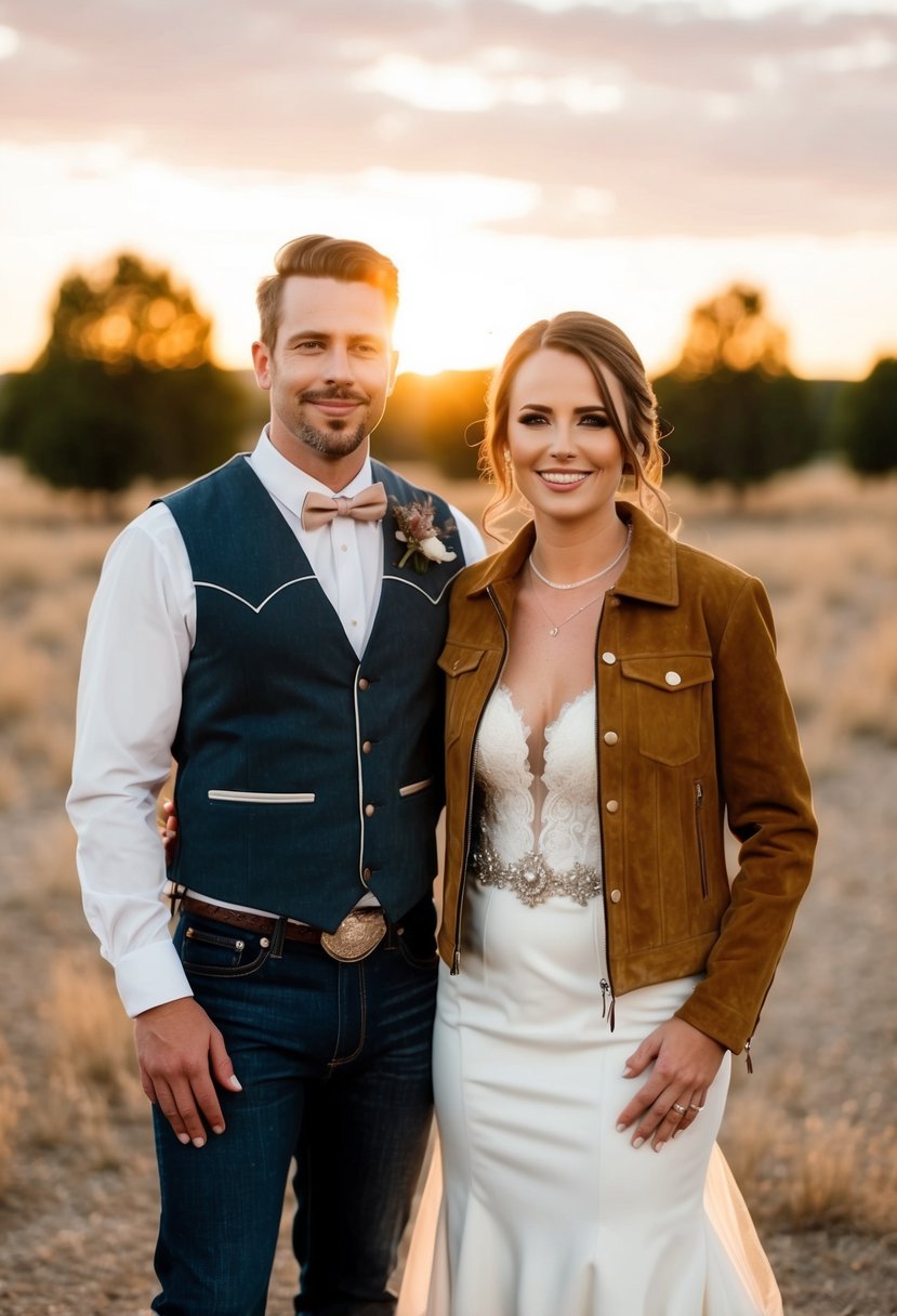 A bride and groom stand in a rustic setting, the bride wearing a suede jacket over her western wedding dress. The sun sets behind them, casting a warm glow