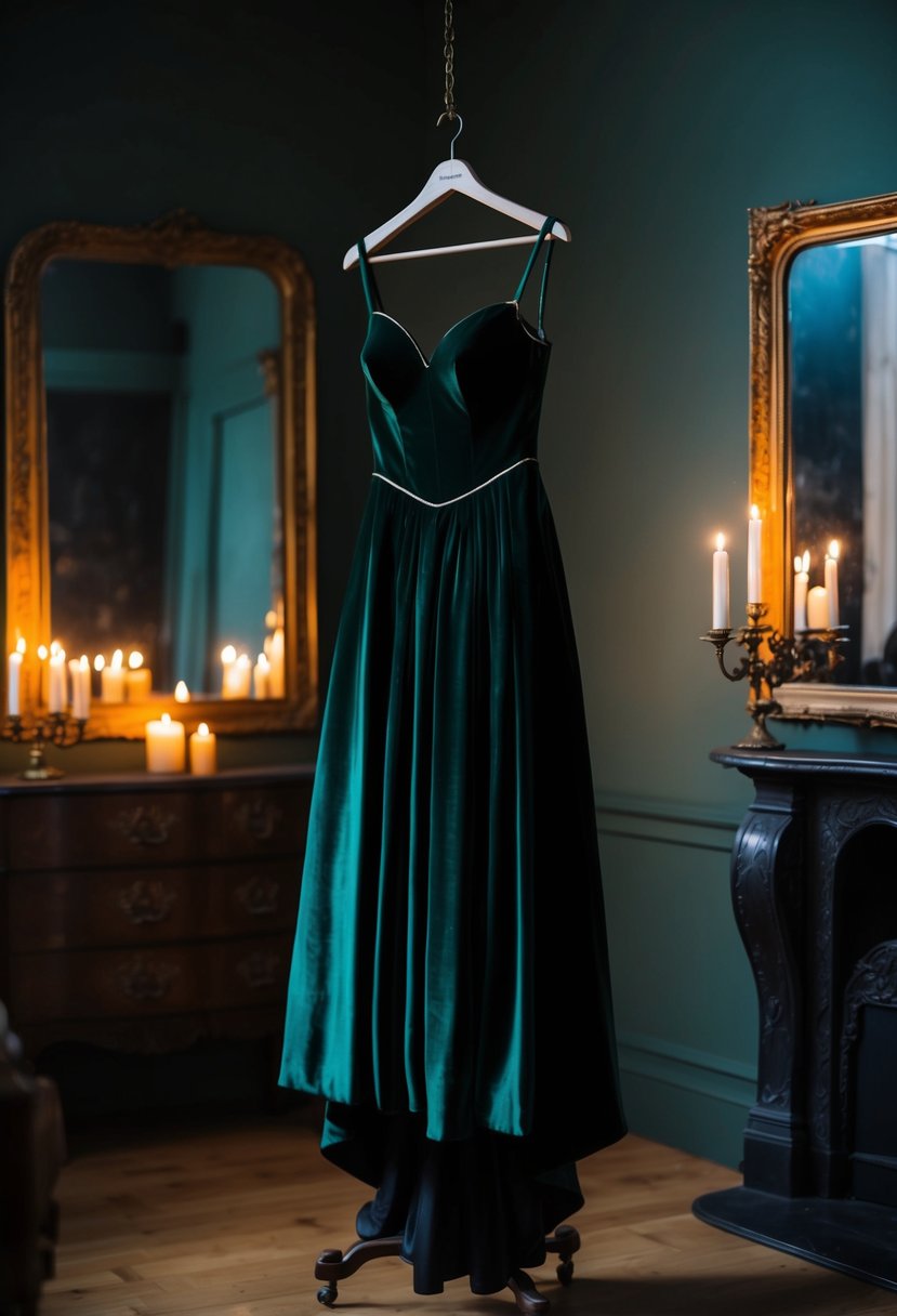 A dark green velvet gown hangs on a vintage dress form in a dimly lit room, surrounded by antique mirrors and flickering candlelight