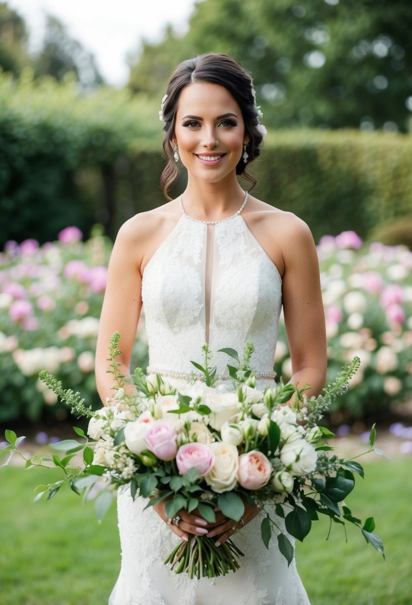 A bride stands in a halter top wedding dress, surrounded by blooming flowers in a garden setting