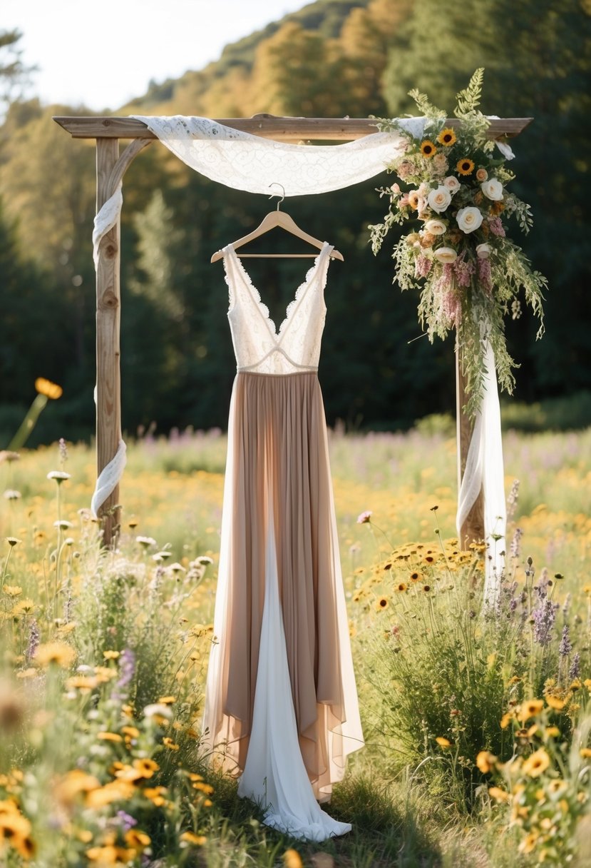 A sunlit meadow with wildflowers, a wooden arch adorned with lace, and flowing, bohemian-style wedding dresses in earthy tones