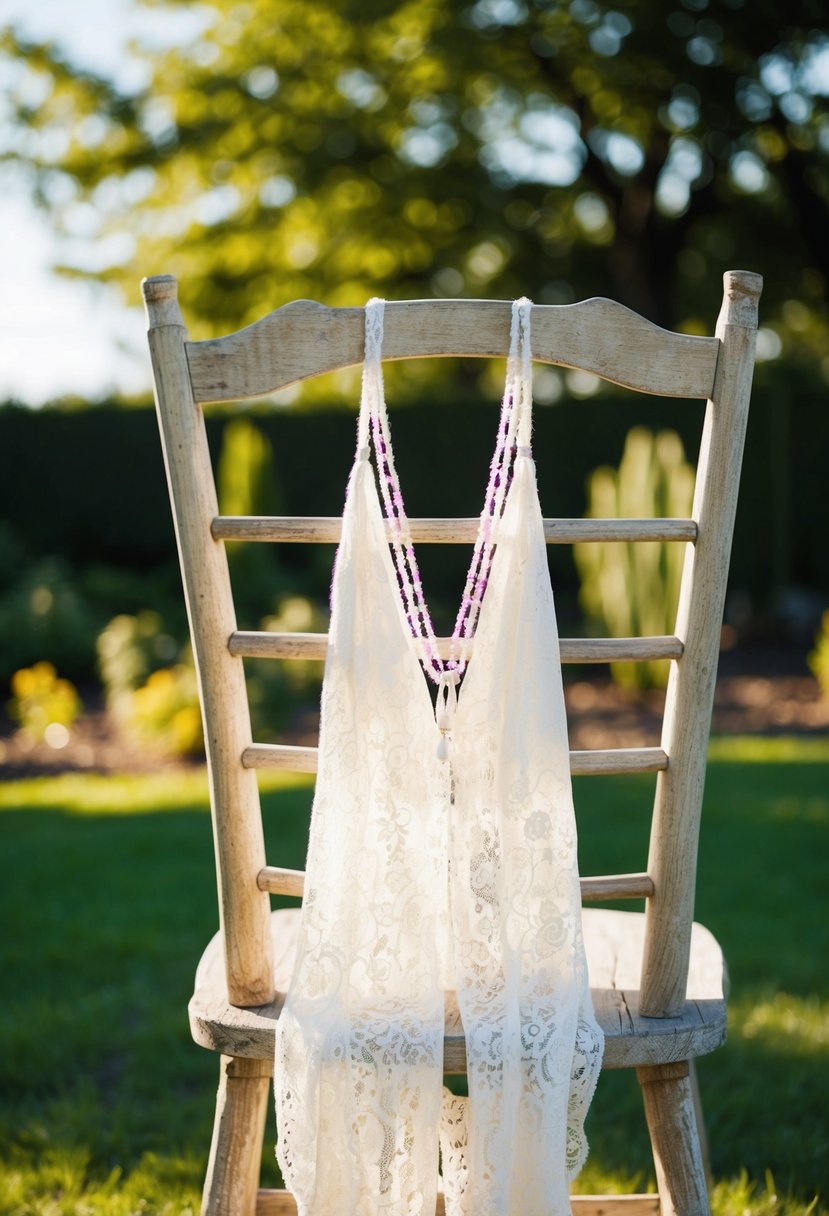 A bohemian lace halter dress draped over a rustic wooden chair in a sunlit garden