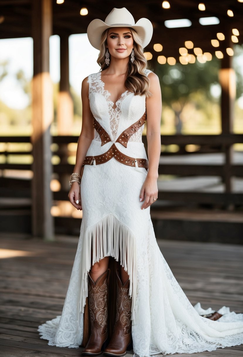 A white lace bridal gown with intricate leather accents and fringe details, paired with a cowboy hat and boots