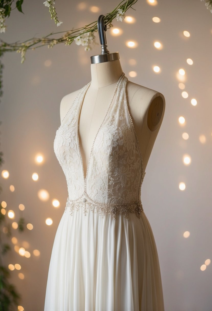 A vintage-inspired halter gown hangs on a dress form, adorned with lace and delicate beading, set against a backdrop of soft, romantic lighting