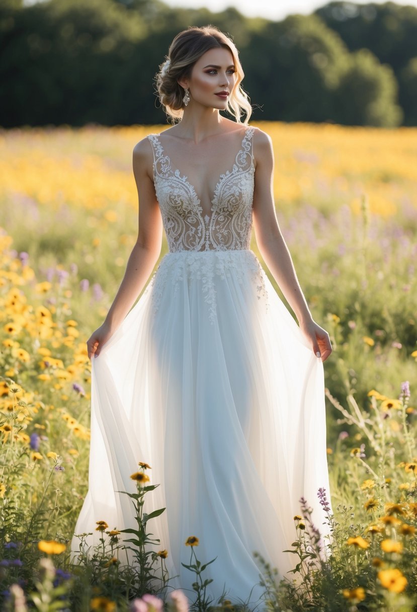 A bride stands in a field of wildflowers, wearing a flowing white wedding dress with an intricately embroidered bodice, the sunlight catching the delicate details