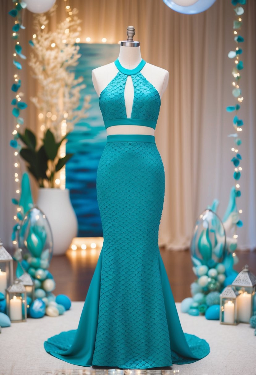 A modern mermaid halter top wedding dress on a mannequin, surrounded by ocean-themed decor and soft lighting