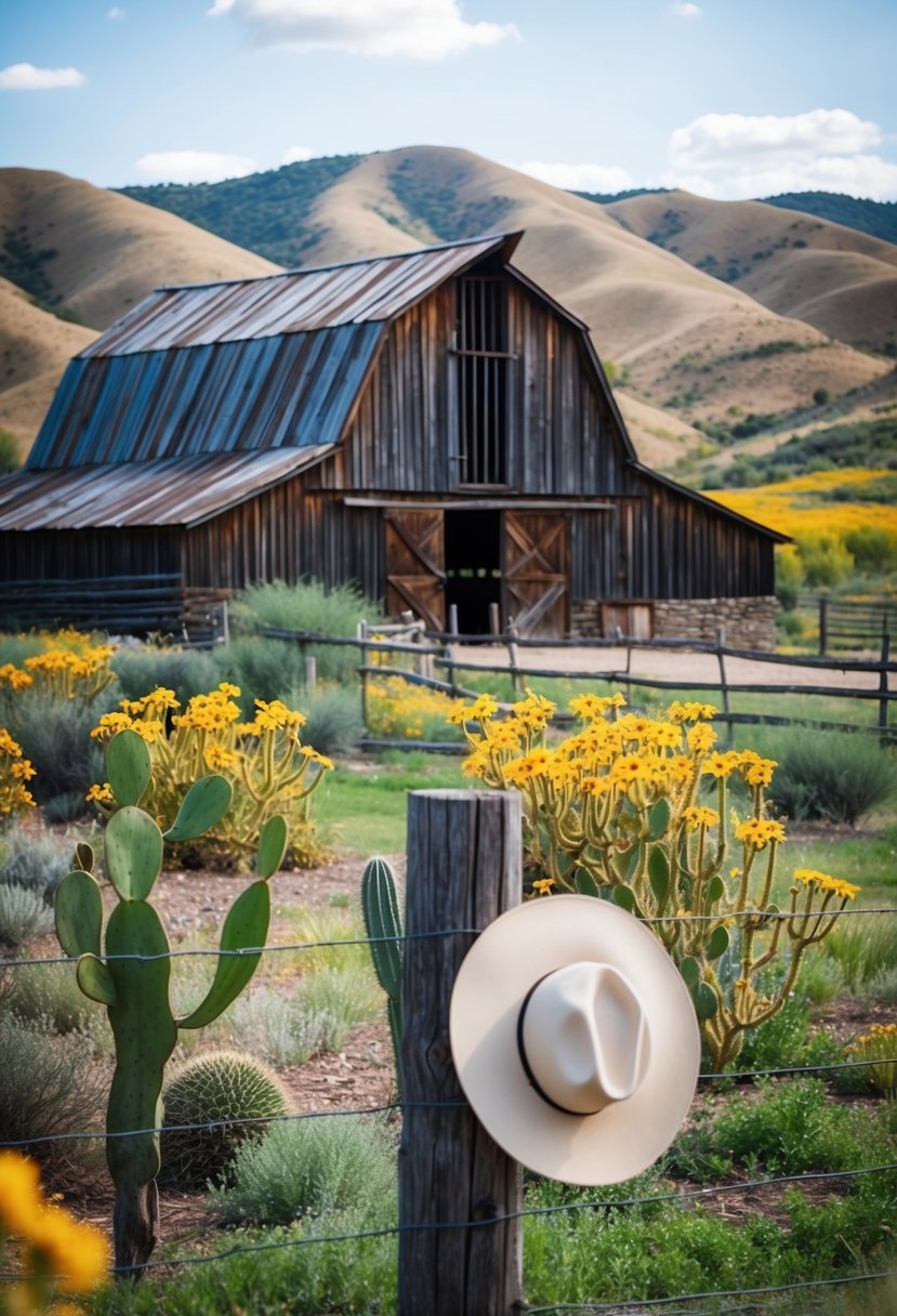 A rustic wooden barn with a backdrop of rolling hills, adorned with wildflowers and cacti, and a cowboy hat resting on a fence post