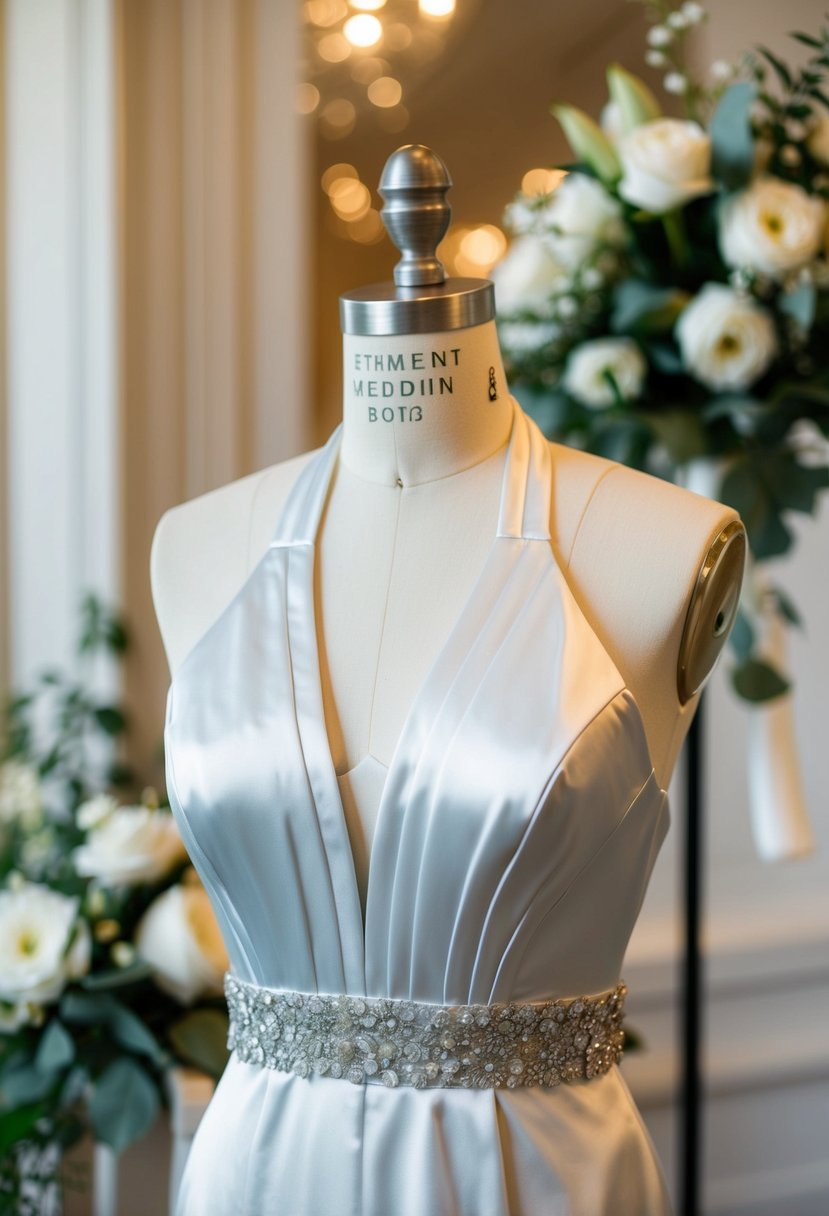 A mannequin wearing a chic satin halter dress, surrounded by elegant wedding decor