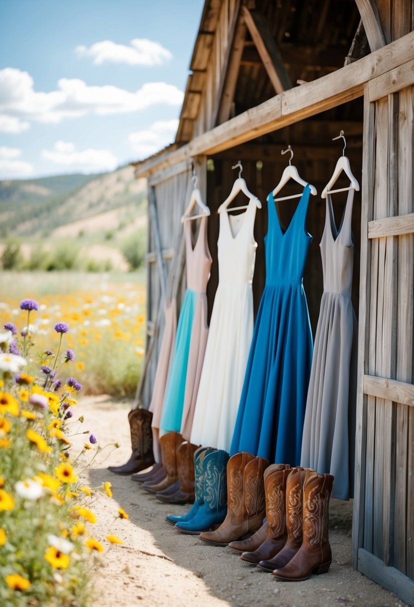 A rustic barn setting with a line of A-line dresses and cowboy boots, surrounded by wildflowers and a western backdrop