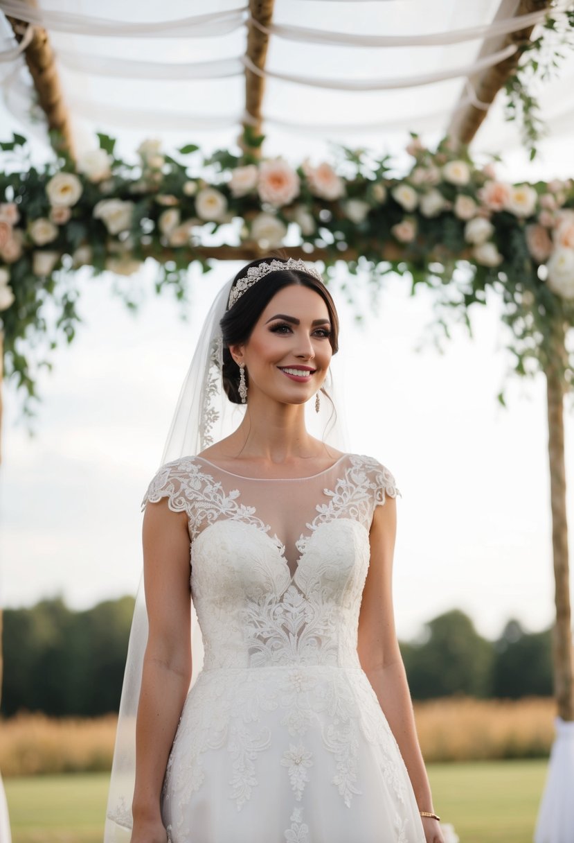 A bride wearing a traditional Jewish wedding dress, adorned with intricate lace and embroidery, standing under a chuppah with floral decorations