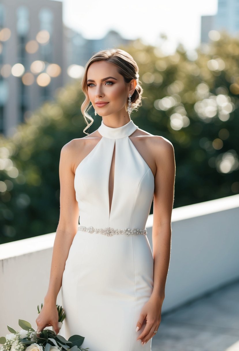 A bride stands in a high neckline halter top wedding dress, exuding elegance and sophistication