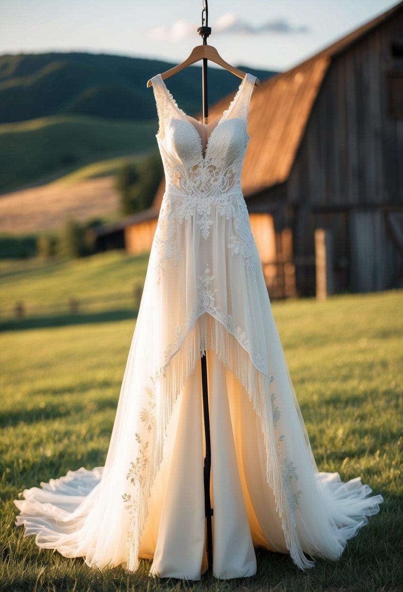 A flowing, high-low hemmed wedding dress with western-inspired details, such as lace, fringe, and floral embroidery, set against a backdrop of a rustic barn and rolling hills