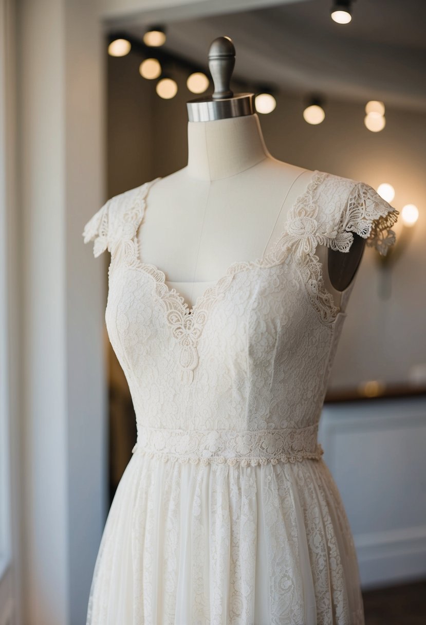 A vintage-inspired lace dress hangs on a mannequin, with delicate details and modest design, perfect for a Jewish wedding