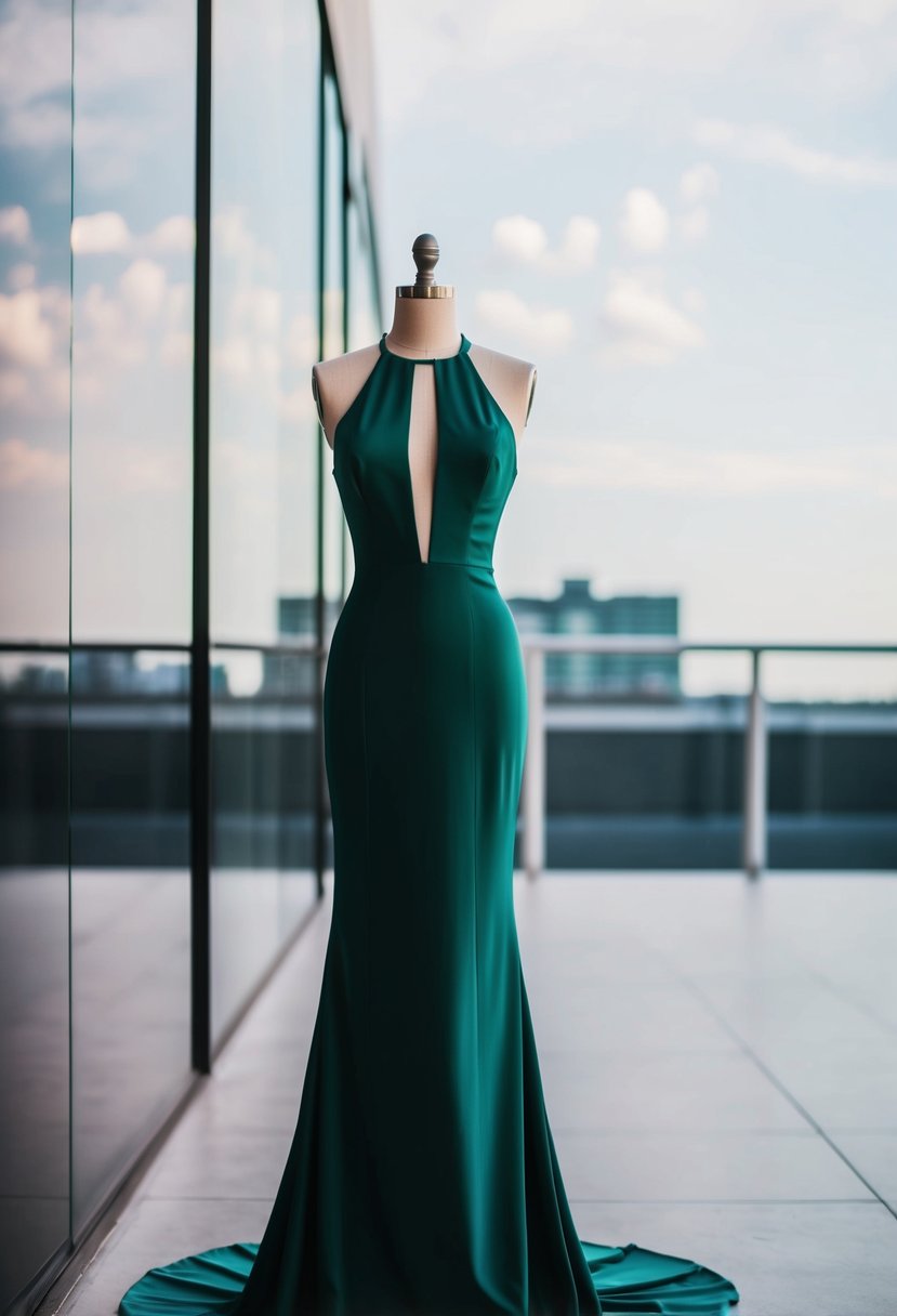 A sleek halter gown against a stark, modern backdrop