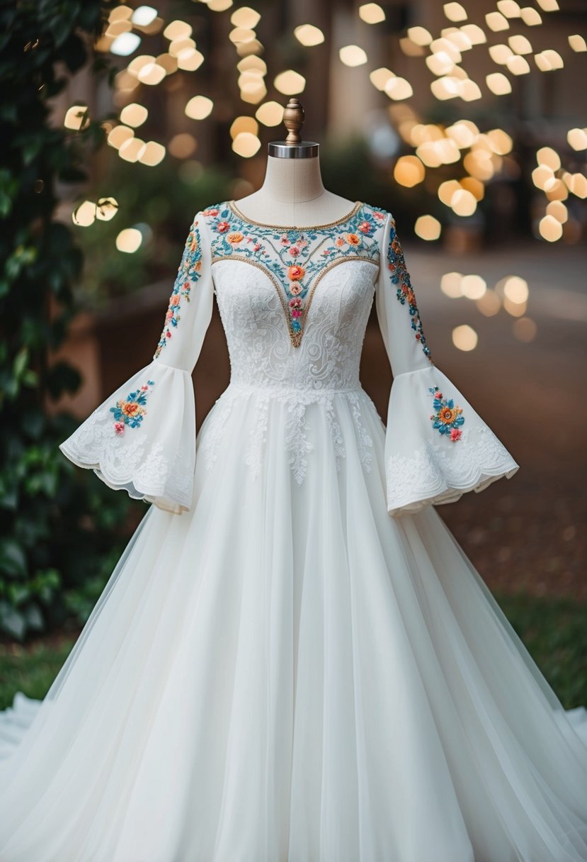 A flowing white wedding dress with intricate lace details and bell sleeves, accented with colorful embroidery and beading