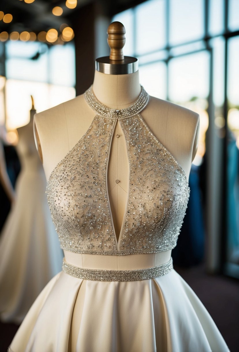 A sparkling beaded halter top wedding dress on a mannequin