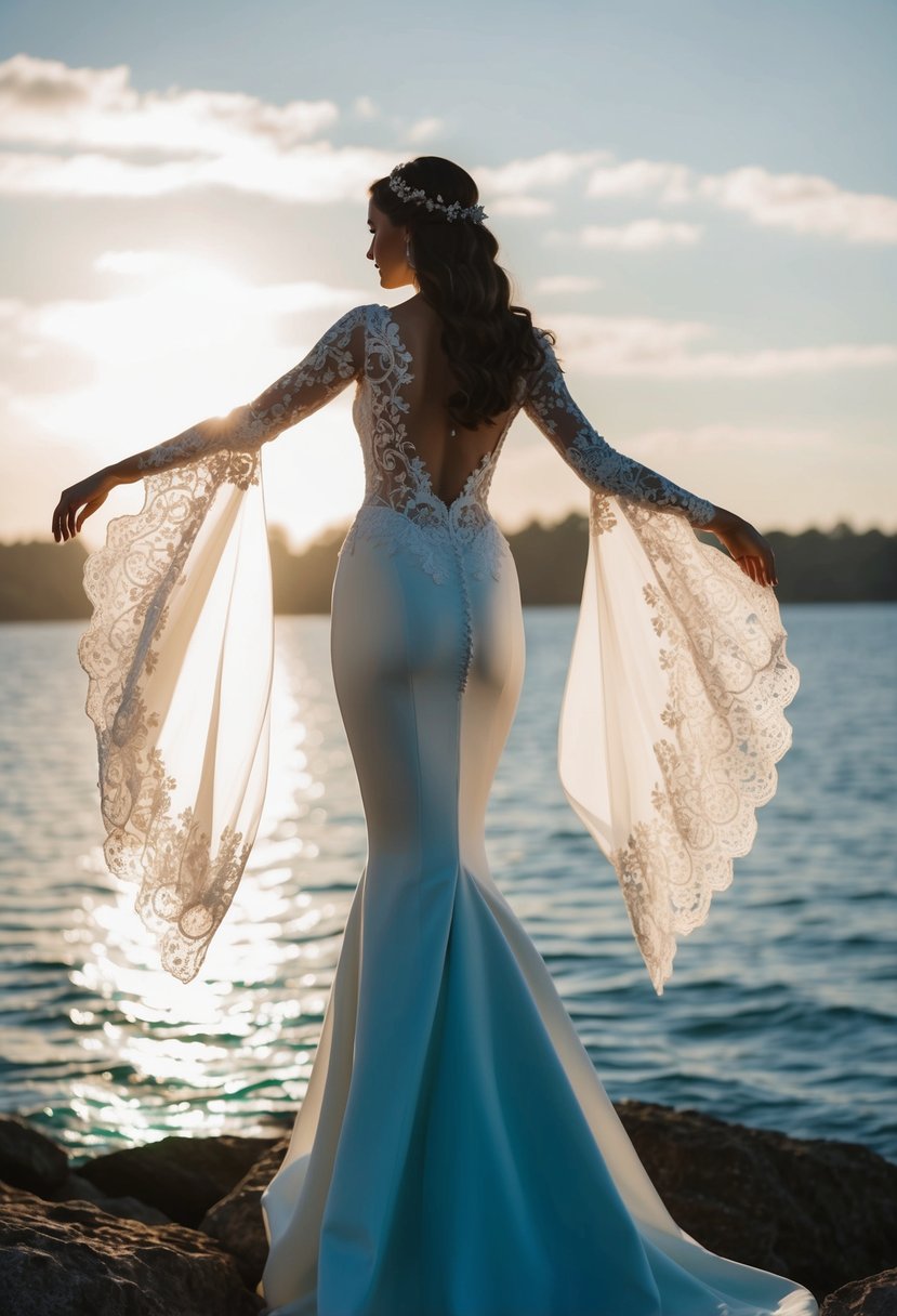 A mermaid silhouette in a Jewish wedding dress with elegant sleeves, flowing fabric, and intricate lace details