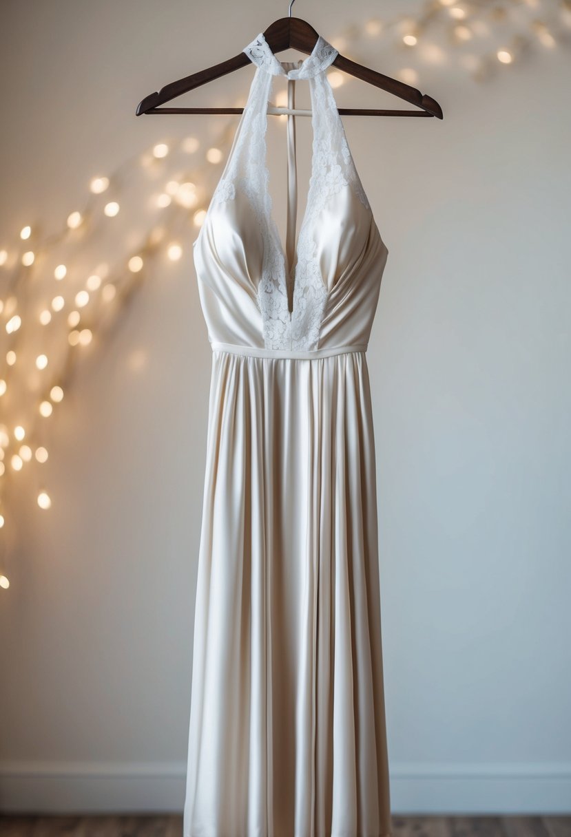 A flowing silk halter maxi dress draped over a hanger, with delicate lace details and a subtle sheen, set against a backdrop of soft, romantic lighting