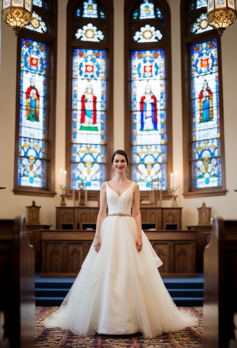 A bride stands in a grand synagogue wearing a classic A-line wedding dress with a tulle overlay, surrounded by ornate stained glass windows and traditional Jewish motifs