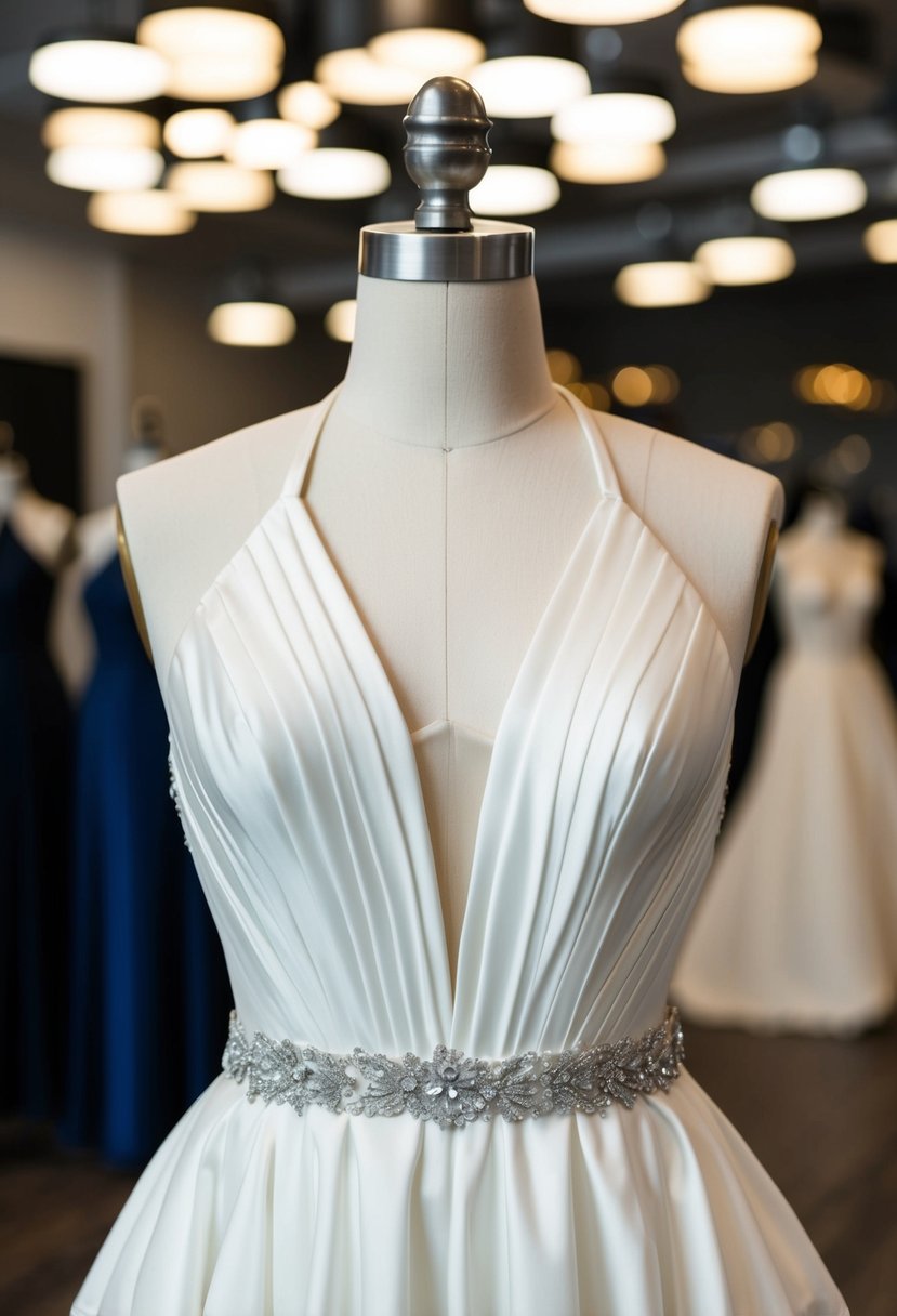 A flowing spaghetti strap halter combo wedding dress on a mannequin