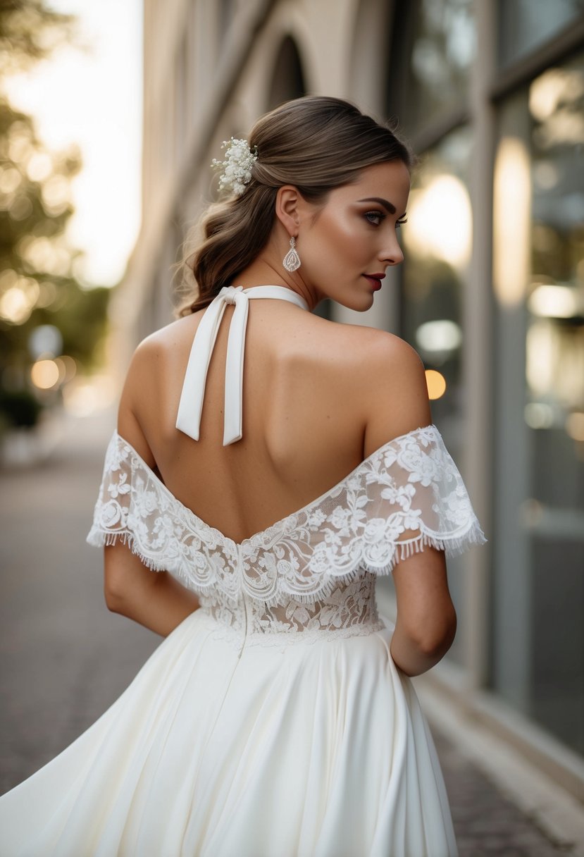 An off-shoulder wedding dress with a halter neck, flowing fabric, and delicate lace details