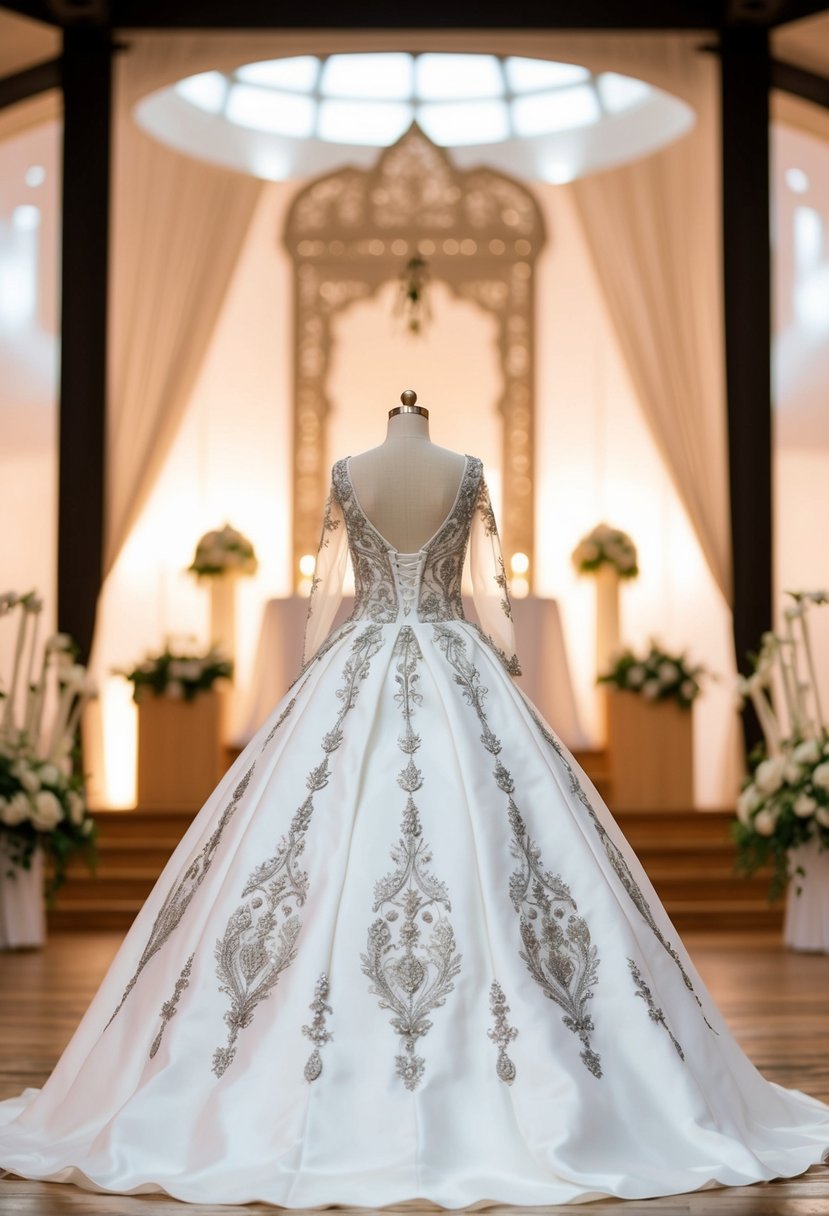 A modest ball gown with intricate embroidery, featuring traditional Jewish wedding motifs, set against a backdrop of a beautiful ceremony venue