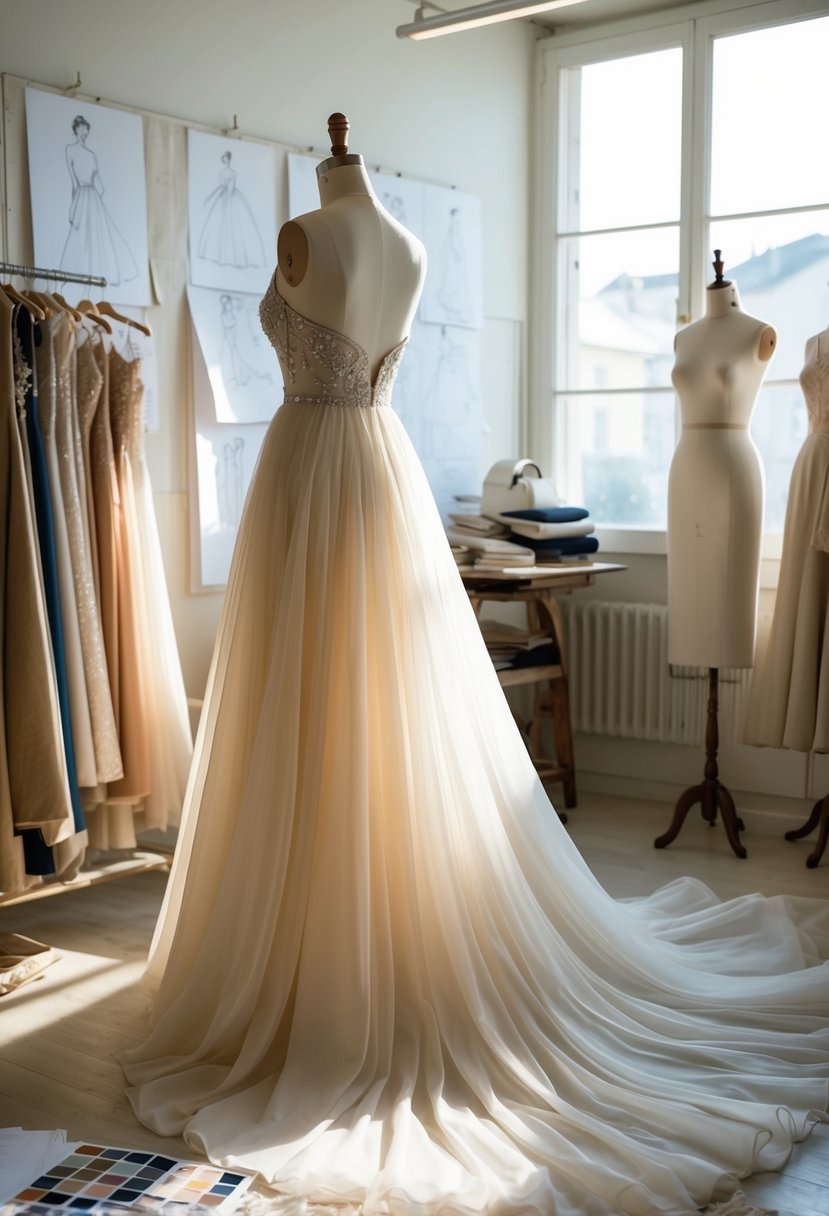 A flowing gown on a mannequin, surrounded by sketches and fabric swatches, in a sunlit atelier