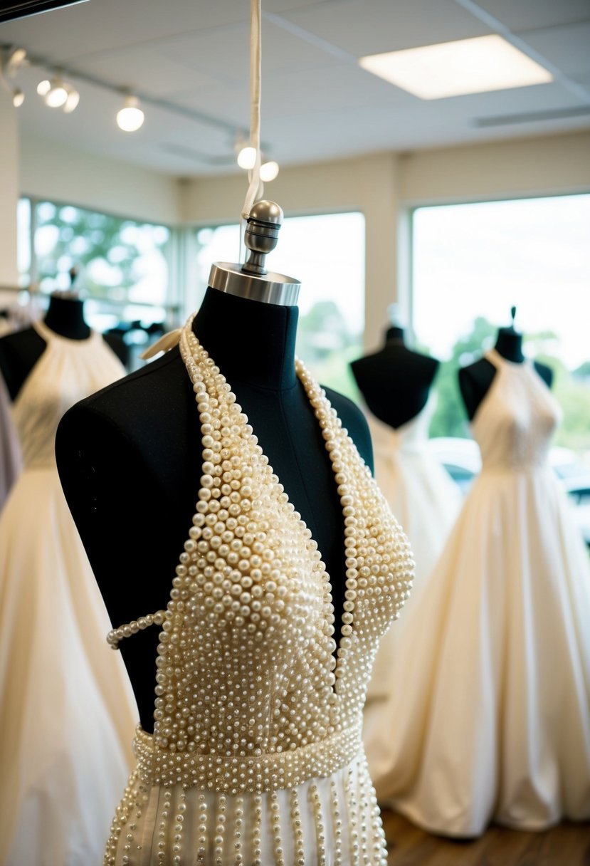 A pearl-detailed halter dress hangs on a mannequin in a sunlit bridal boutique