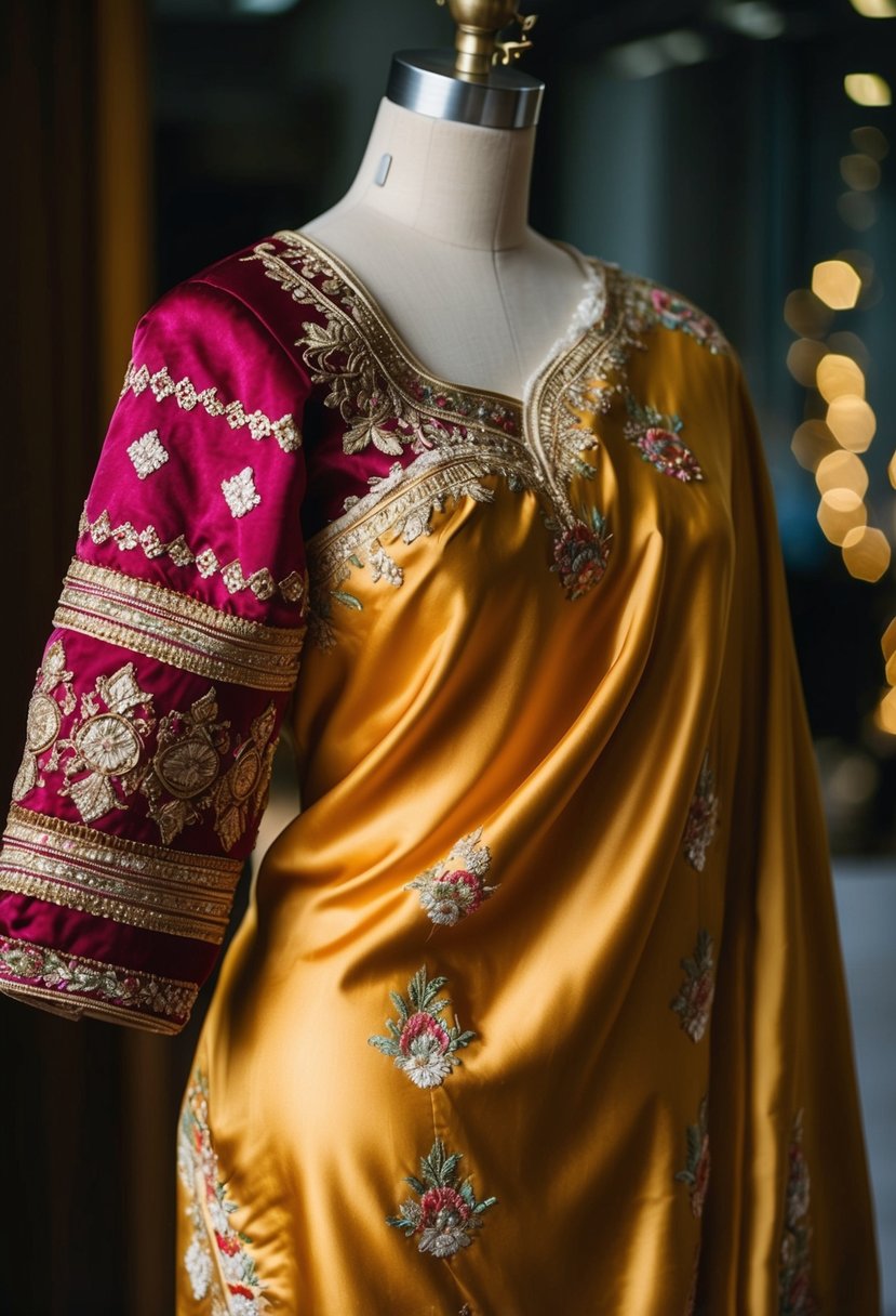 A silk satin dress in rich traditional colors, adorned with intricate embroidery and delicate lace details, drapes elegantly over a mannequin