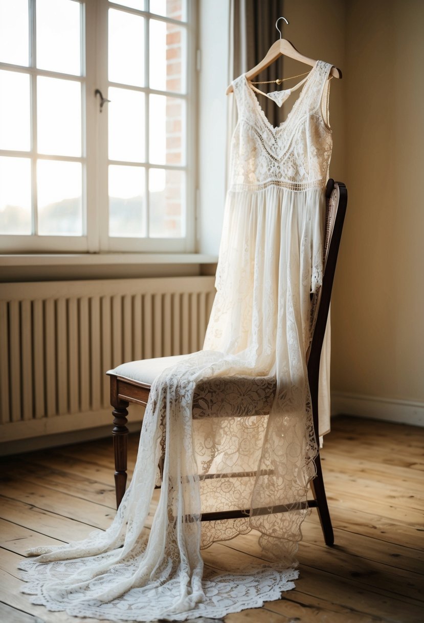 A bohemian lace gown draped over a vintage wooden chair in a sunlit room