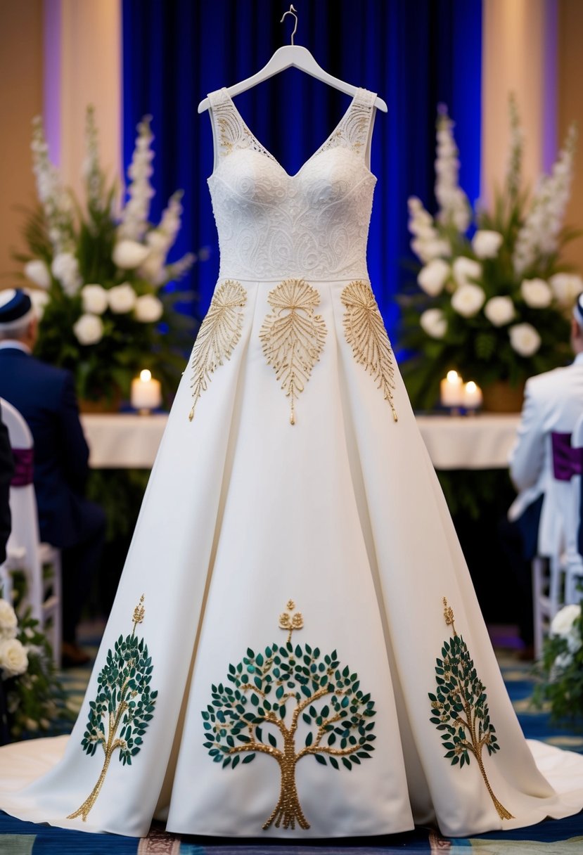 A modern fit wedding dress adorned with Tree of Life motifs, set against a backdrop of a traditional Jewish wedding ceremony