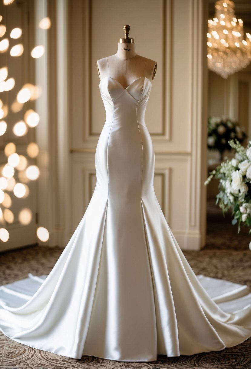 A satin mermaid gown with a sweetheart neckline cascades in elegant folds, catching the light in a luxurious bridal setting