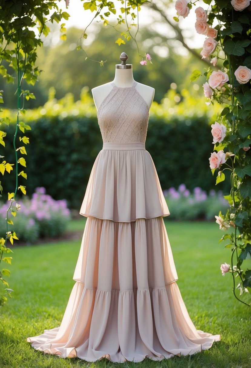 A flowing tiered skirt halter dress in a garden setting with blooming flowers and cascading vines