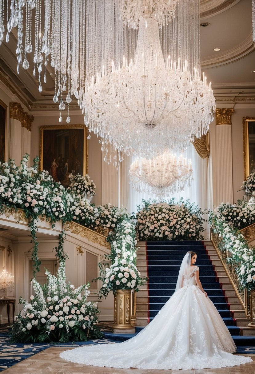 A grand ballroom with cascading crystal chandeliers, opulent floral arrangements, and a regal staircase leading to a bride in a fairytale-inspired ballgown wedding dress