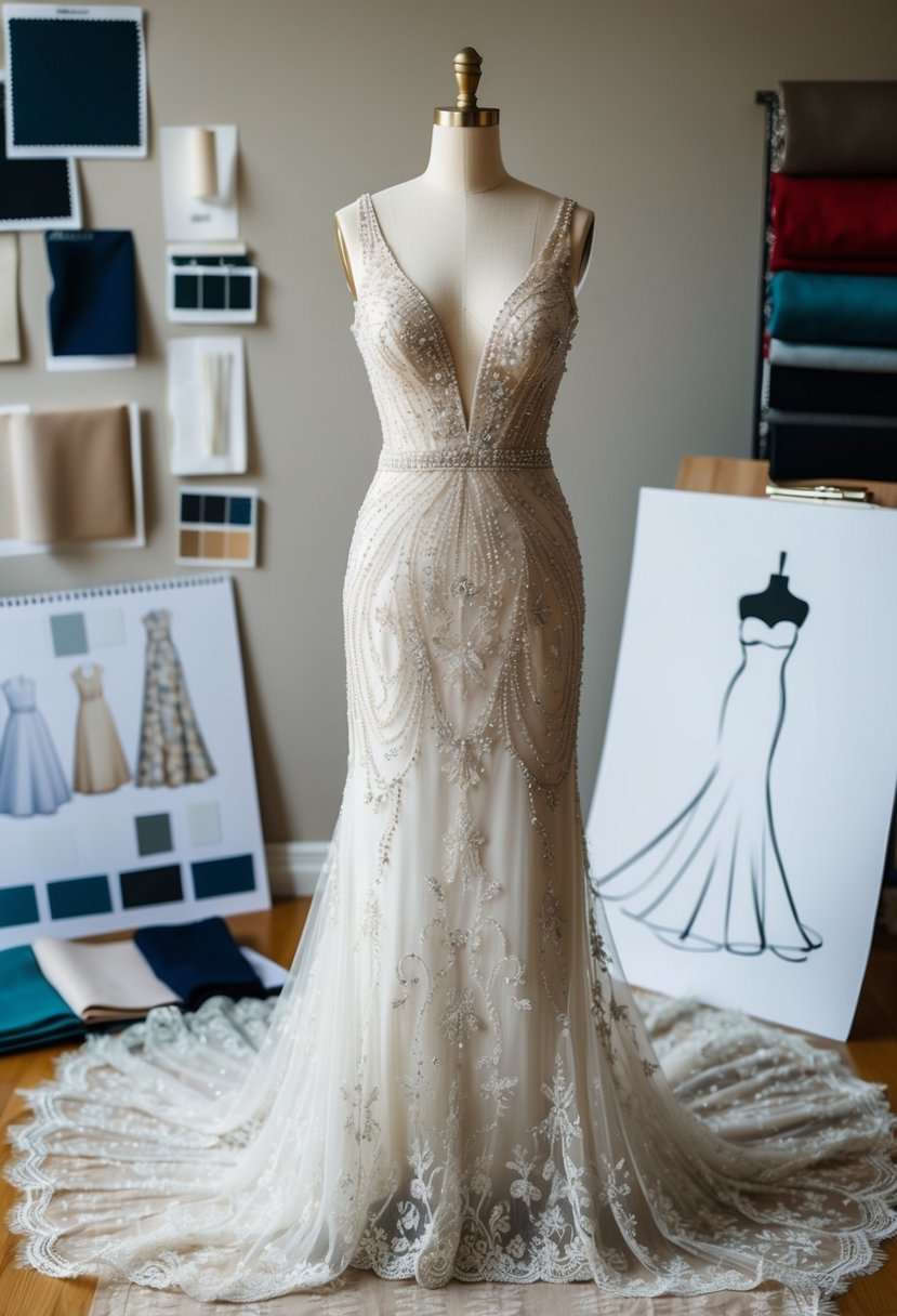 A custom beaded lace gown draped over a mannequin, surrounded by swatches of fabric and design sketches