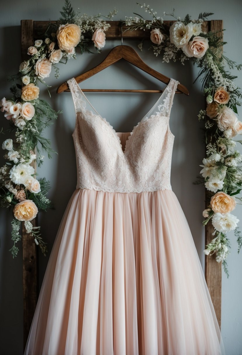 A vintage blush wedding dress hanging on a rustic wooden hanger, surrounded by delicate lace and floral details