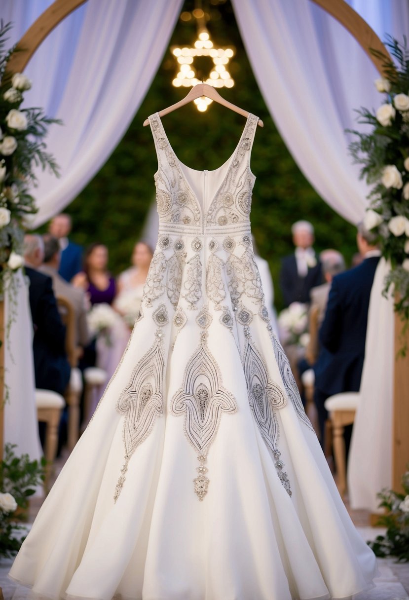 A flowing white dress adorned with intricate Hamsa patterns, set against a backdrop of a traditional Jewish wedding ceremony