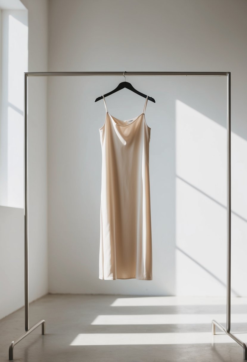 A simple, elegant slip dress hangs on a sleek, modern clothing rack in a minimalist, sunlit studio